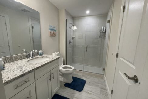 a bathroom with a sink, toilet, and shower.