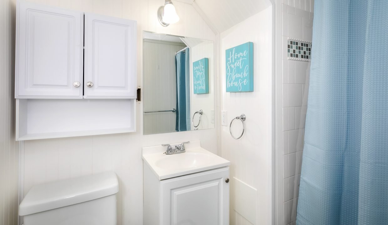 A bright, clean bathroom with white fixtures, a light blue shower curtain, and a decorative blue wall art.