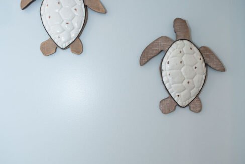 two wooden turtles mounted to the side of a wall.