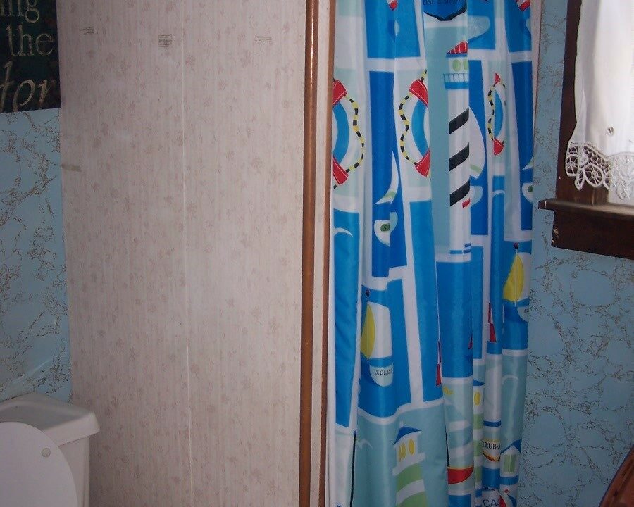 a bathroom with a toilet and a shower curtain.
