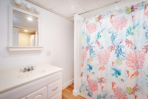 a bathroom with a shower curtain and a sink.