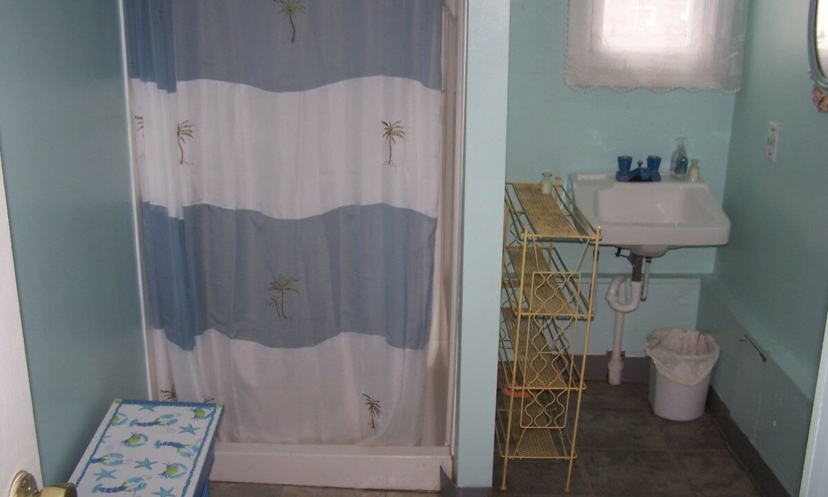 a bathroom with a shower curtain and a sink.