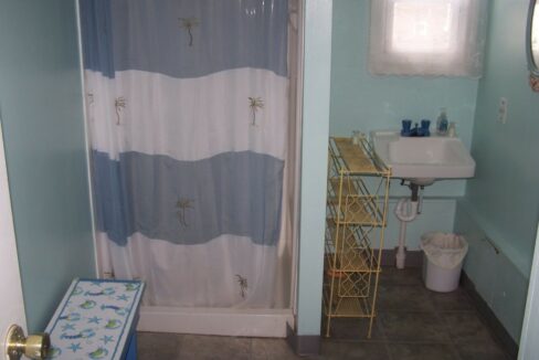 a bathroom with a shower curtain and a sink.