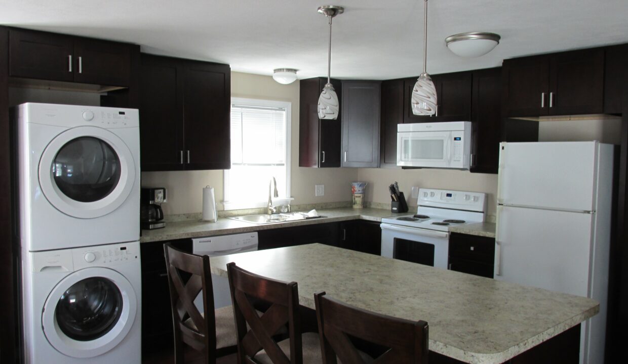 a kitchen with a washer and dryer in it.