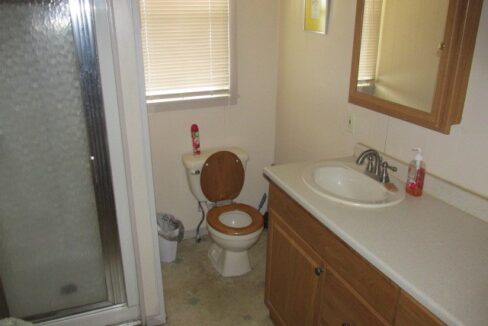 a bathroom with a toilet, sink, and shower.