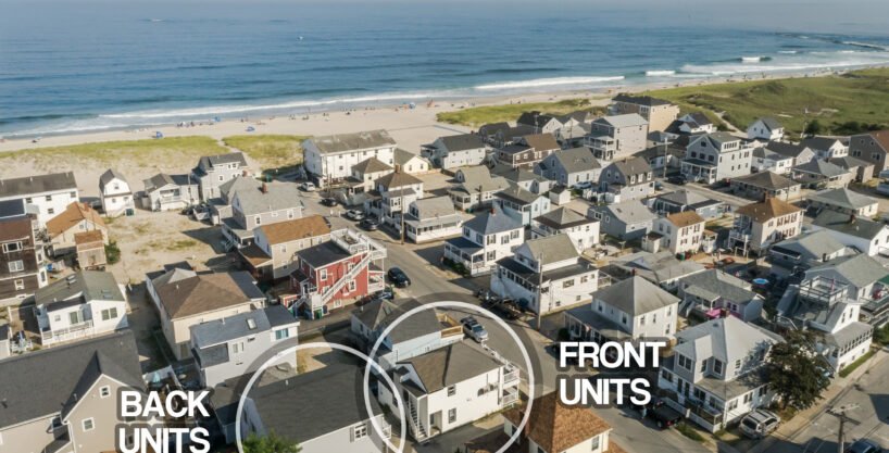 An aerial view of a house with a beach in the background.