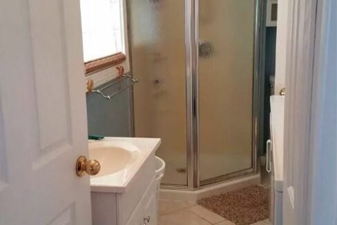 a bathroom with a walk in shower next to a sink.