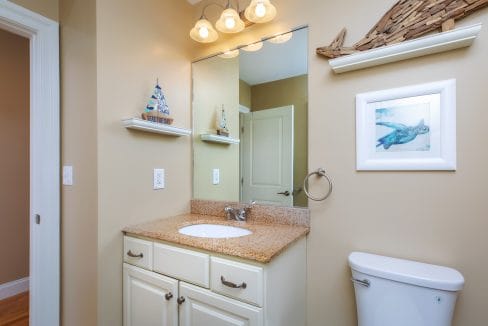 Beige bathroom with a granite countertop, white sink, mirror, above-sink lighting, decorative shelves, framed sea turtle art, and part of a toilet visible.