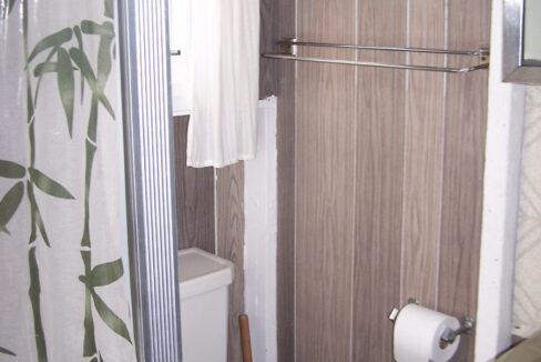a bathroom with a toilet, sink, and shower curtain.