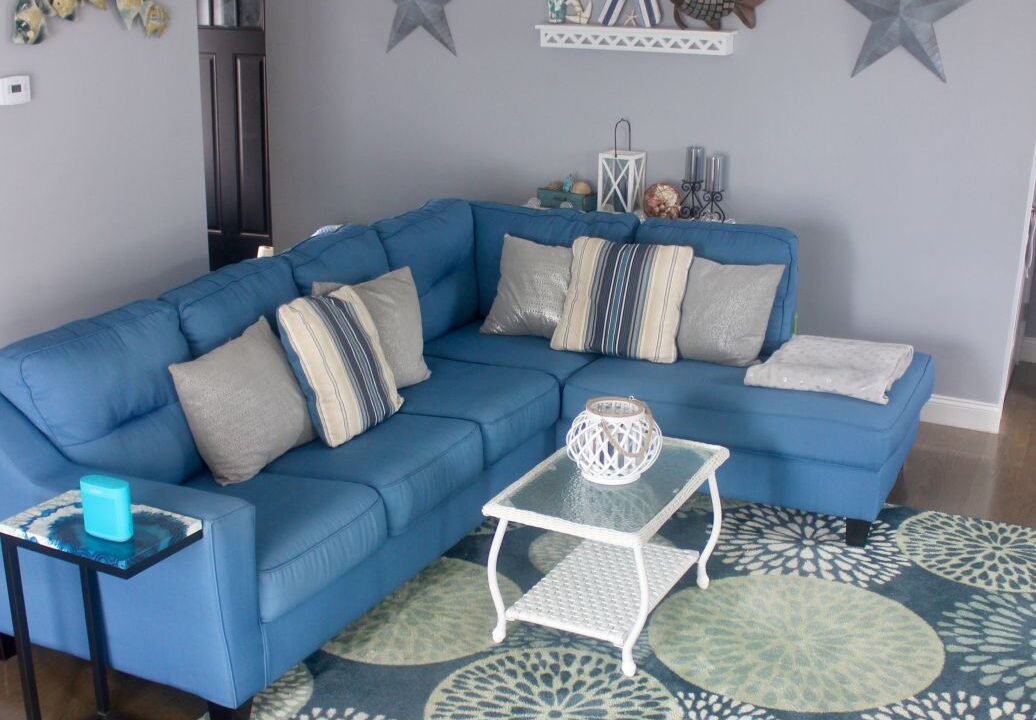 a living room with a blue couch and a blue rug.