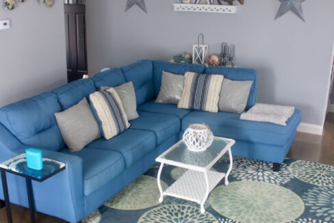 a living room with a blue couch and a blue rug.