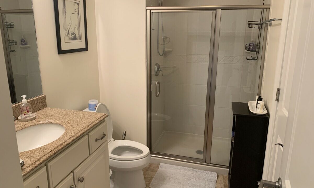 a bathroom with a sink, toilet, and shower.