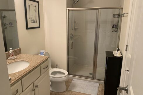 a bathroom with a sink, toilet, and shower.