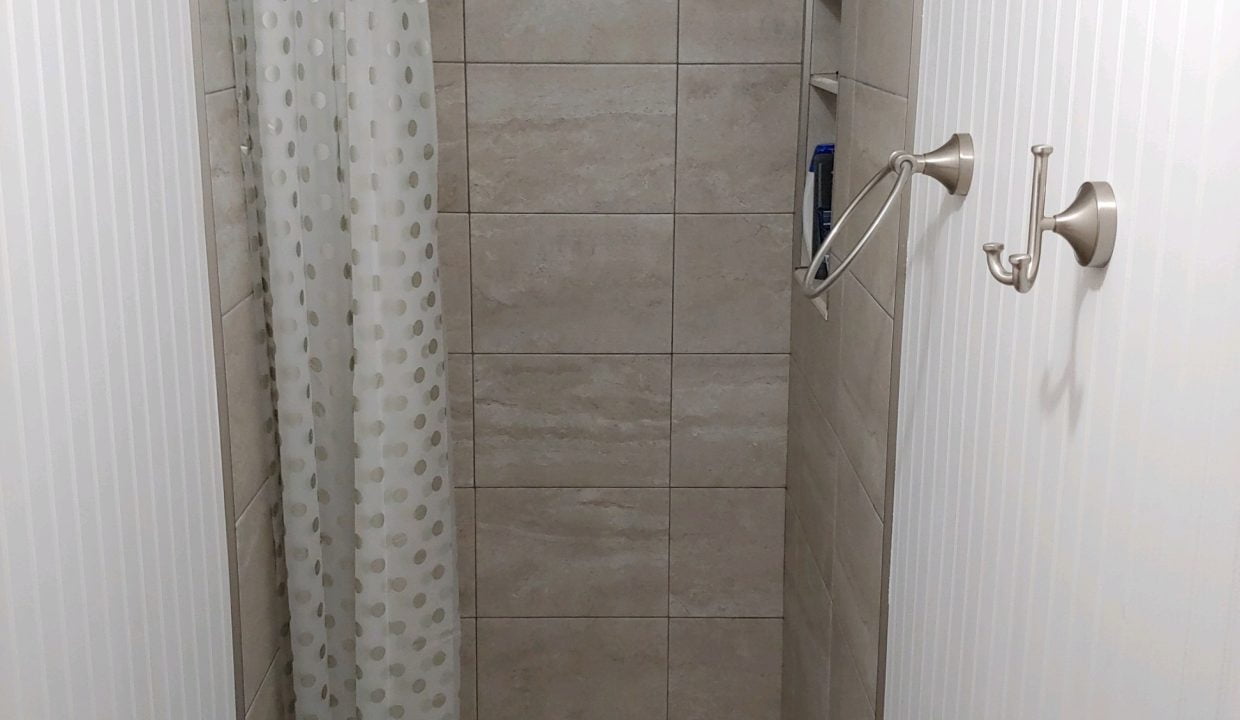 a bathroom with a shower, toilet, and shower curtain.
