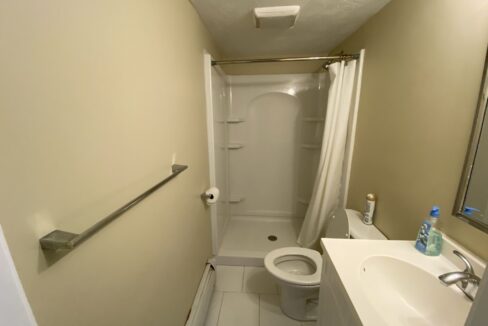 a bathroom with a toilet, sink, and shower.
