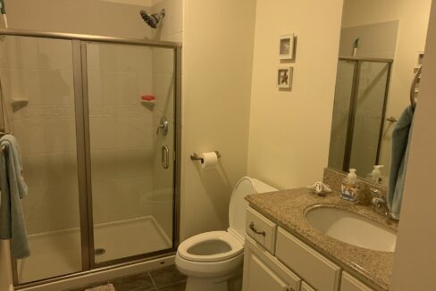 a bathroom with a sink, toilet, and shower.