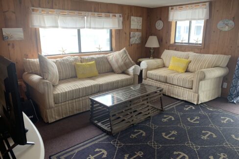 a living room with two couches and a coffee table.