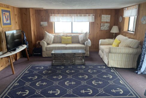 a living room filled with furniture and a blue rug.