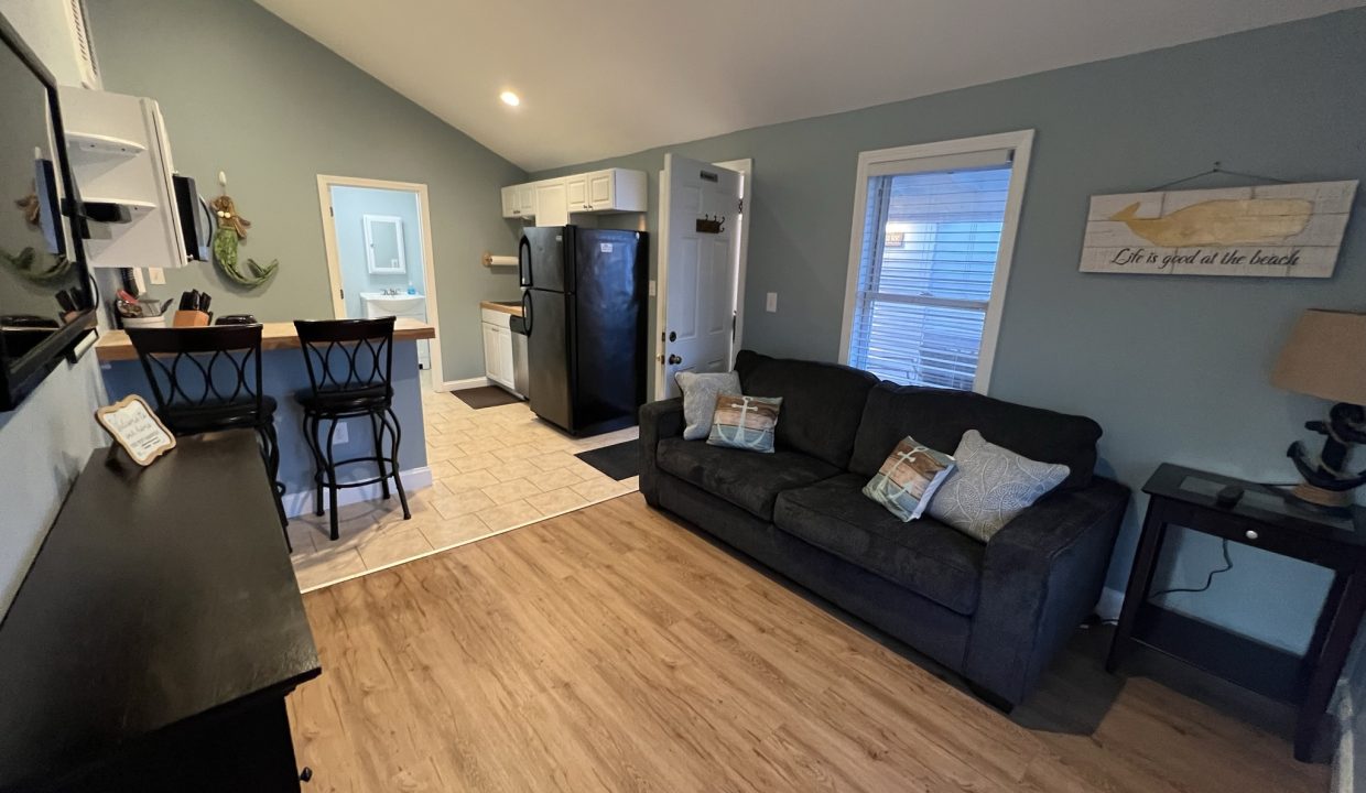 a living room filled with furniture and a kitchen.