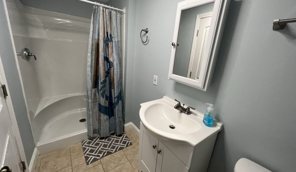 a bathroom with a sink, toilet, and shower.