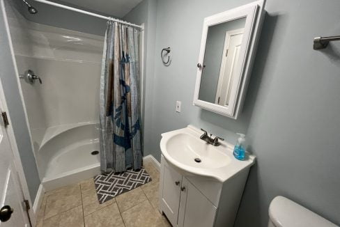 a bathroom with a sink, toilet, and shower.