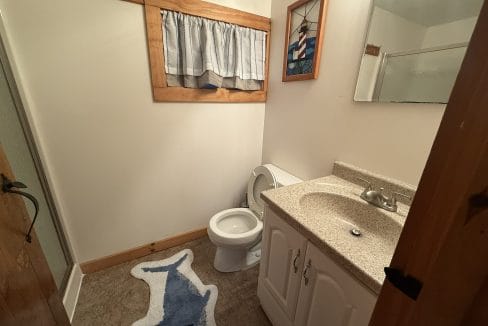 Small bathroom with a white toilet, beige vanity, mirror, shark-shaped rug, and window with a curtain. A decorative framed stained glass hangs on the wall.