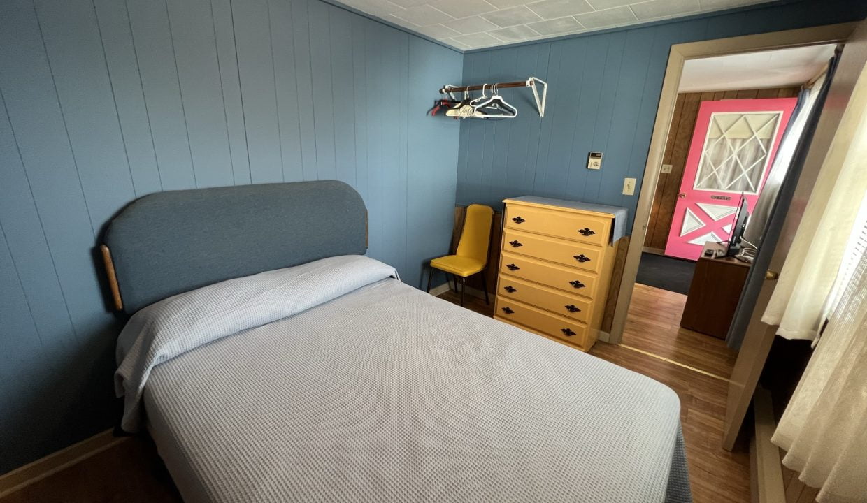 a bedroom with blue walls and a bed.