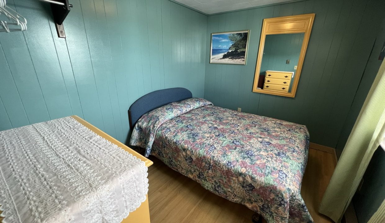 a bedroom with a bed and a dresser.