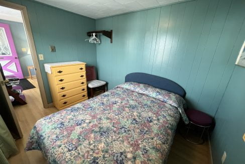 a bedroom with a bed, dresser, and mirror.