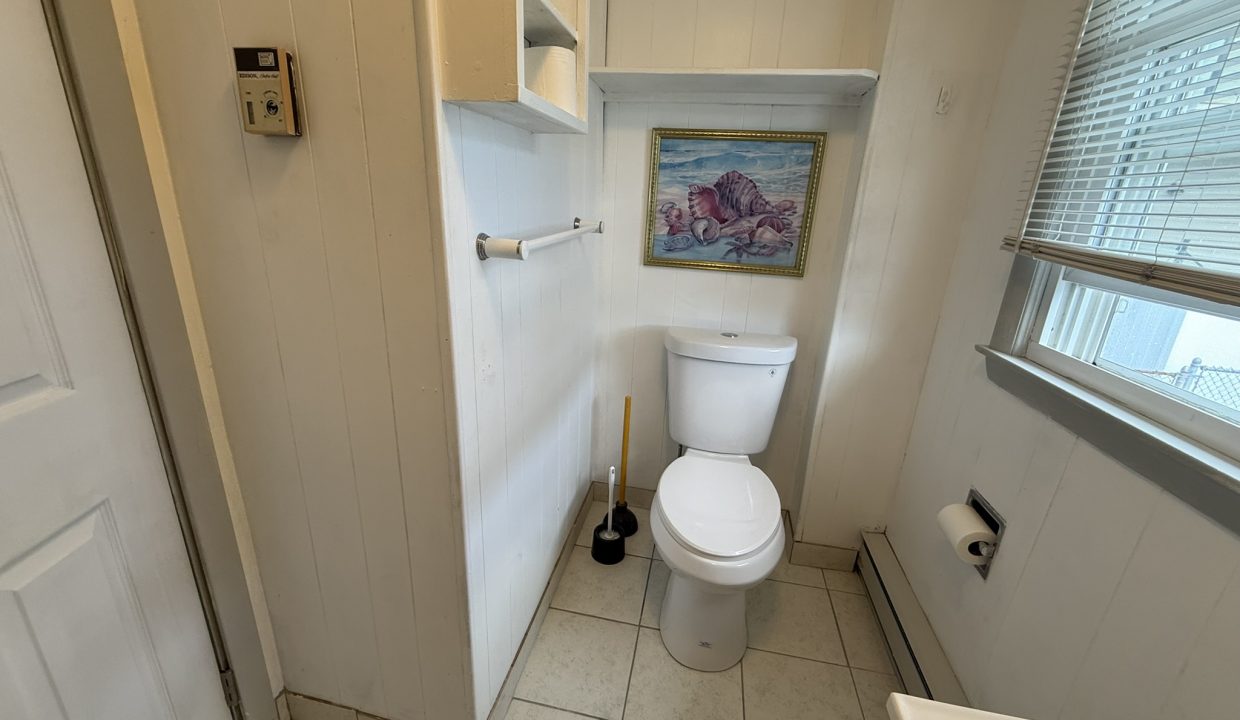 A small bathroom with a white toilet, plunger, toilet paper holder, shelves, and a framed painting of a lobster above the toilet. Window with blinds on the right.