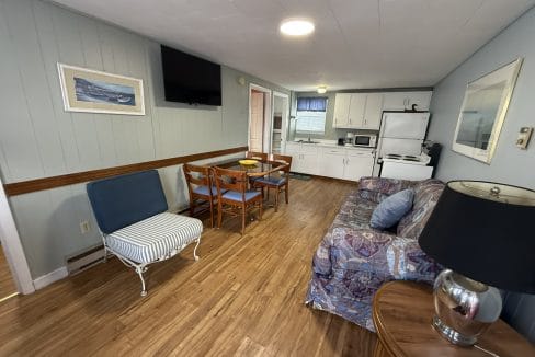 A small open-plan living area with a couch, dining table, chair, TV, and kitchen appliances, featuring wood flooring and blue-gray walls.