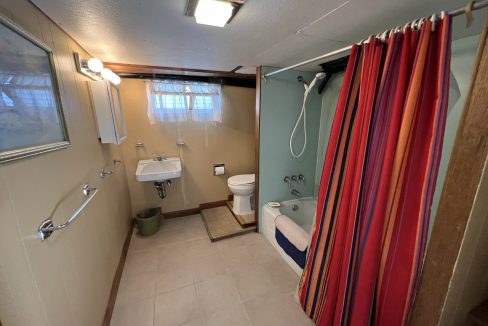 a bathroom with a shower, toilet and sink.