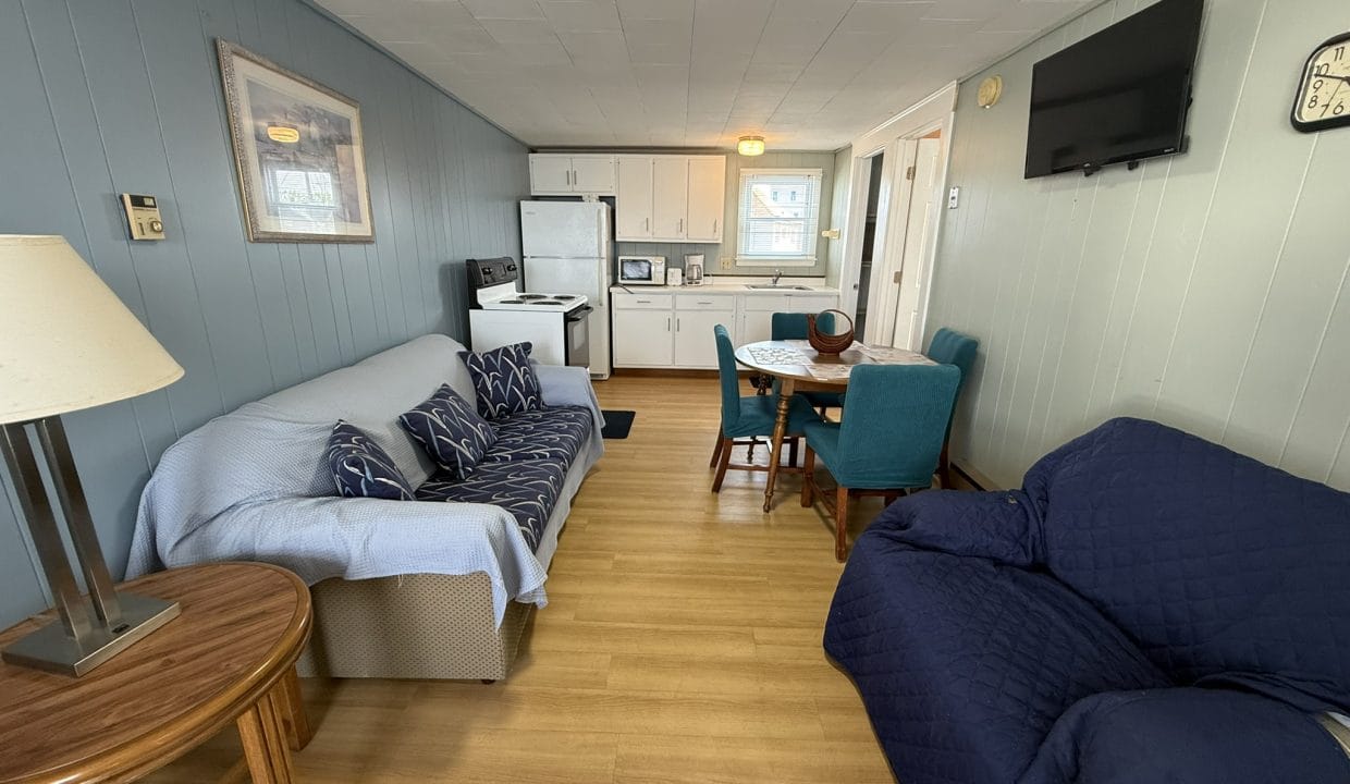 Small living and dining area with a sofa, armchair, dining table, and chairs; kitchen with white cabinets and appliances in the background. TV mounted on wall and wooden floors throughout.
