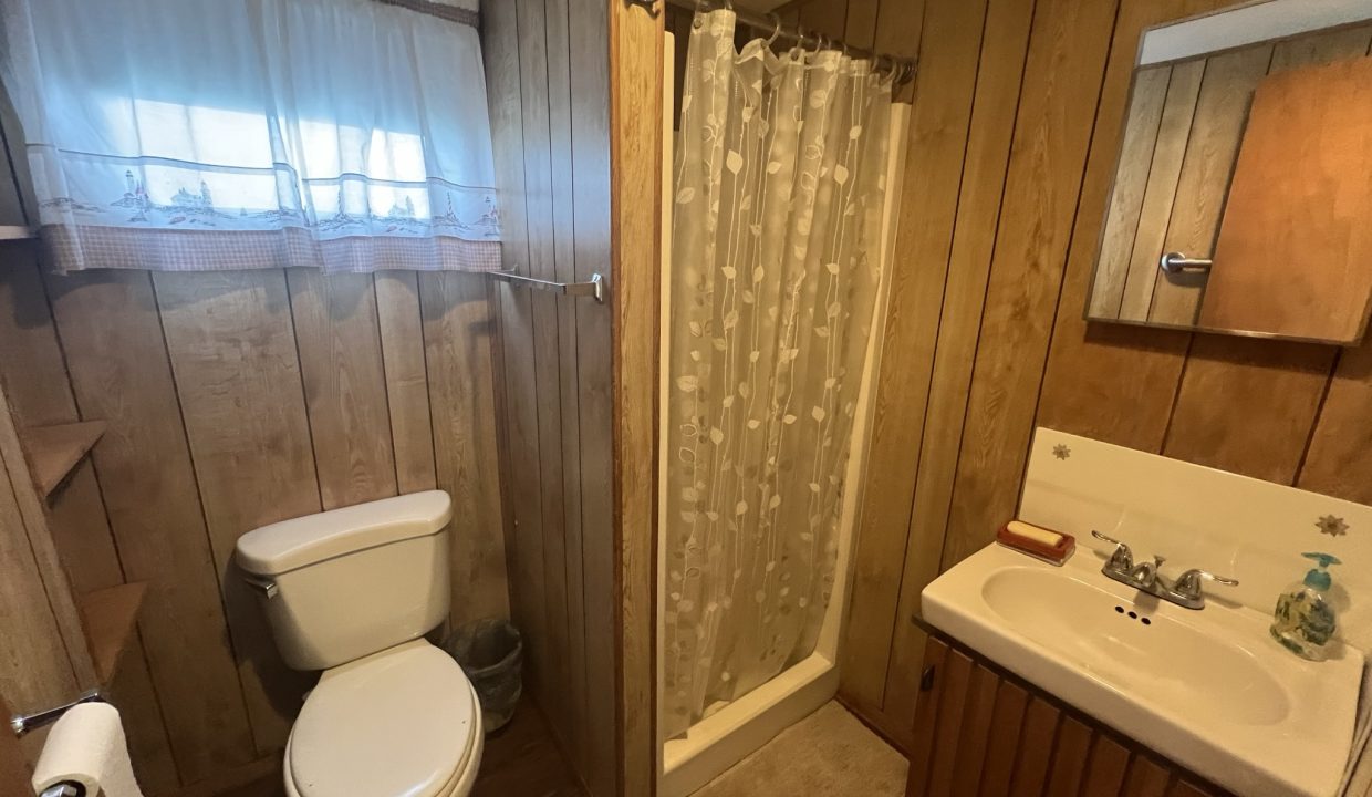 a bathroom with a toilet, sink, and shower.