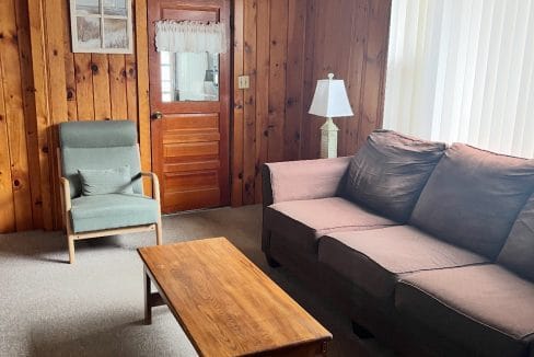 A living room with wood-paneled walls, a brown sofa, a green armchair, a wooden coffee table, a lamp, framed art, and a door with a window and curtains.