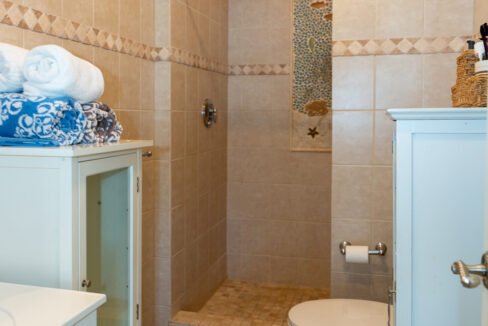 a white toilet sitting next to a walk in shower.