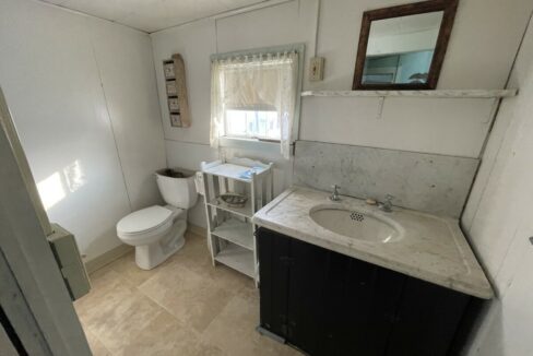 a bathroom with a toilet, sink, and mirror.