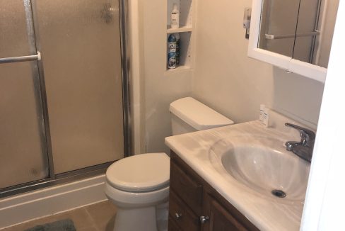 a bathroom with a toilet, sink, and shower.