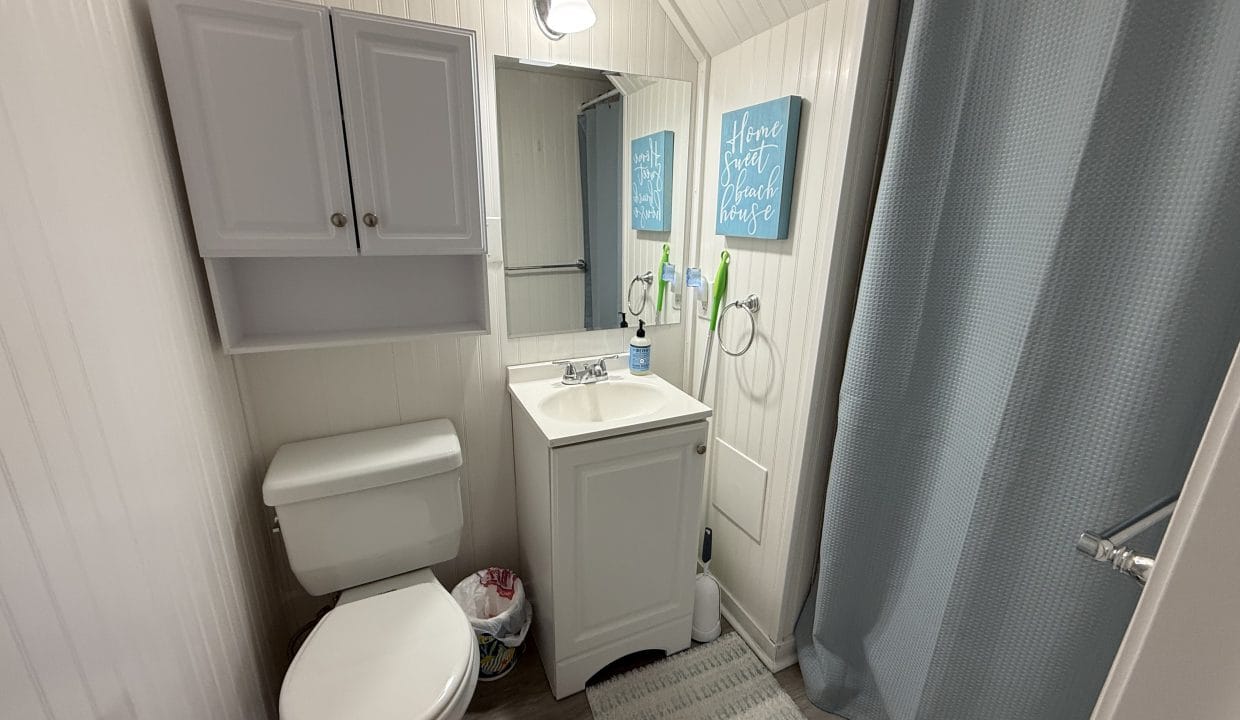 Small bathroom with white walls, a toilet, sink with cabinet, wall-mounted mirror, overhead light, shower with blue curtain, and wall art above a towel rack.