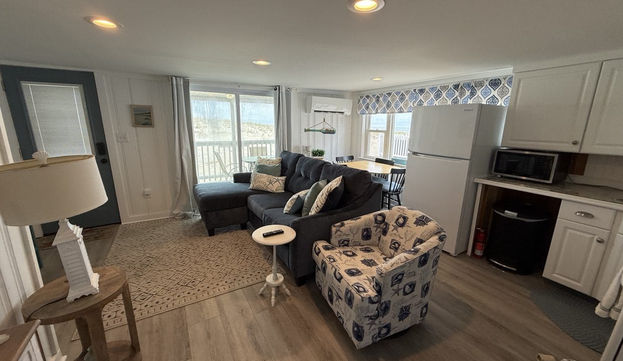 A small, open-plan living area with a patterned armchair, a dark sofa, a dining table, a kitchenette with white cabinets, and large windows overlooking an outdoor deck.