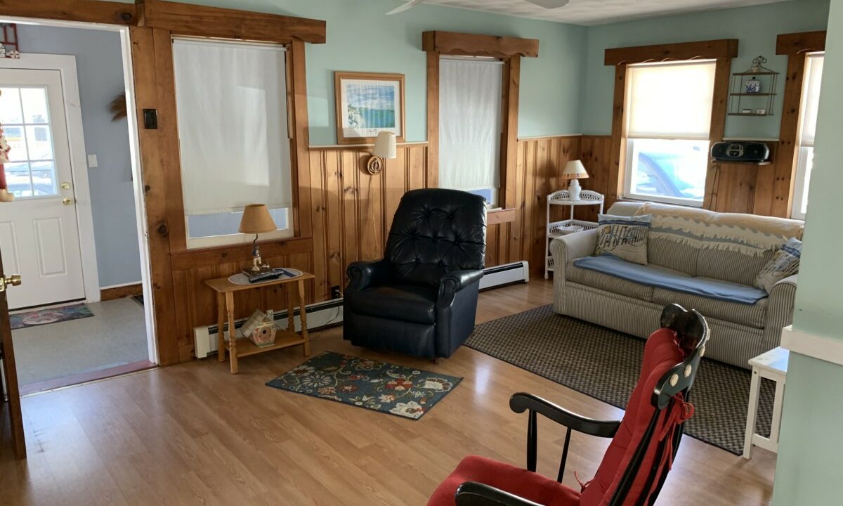 a living room filled with furniture and a ceiling fan.