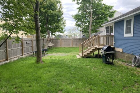 a back yard with a fence and a tree.