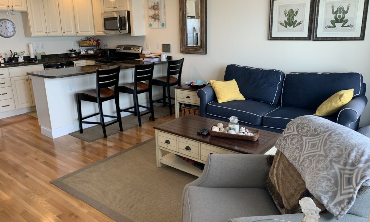 a living room filled with furniture and a kitchen.