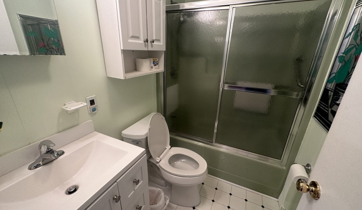 a bathroom with a shower and toilet.
