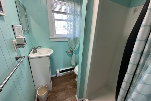 a bathroom with a shower and sink.