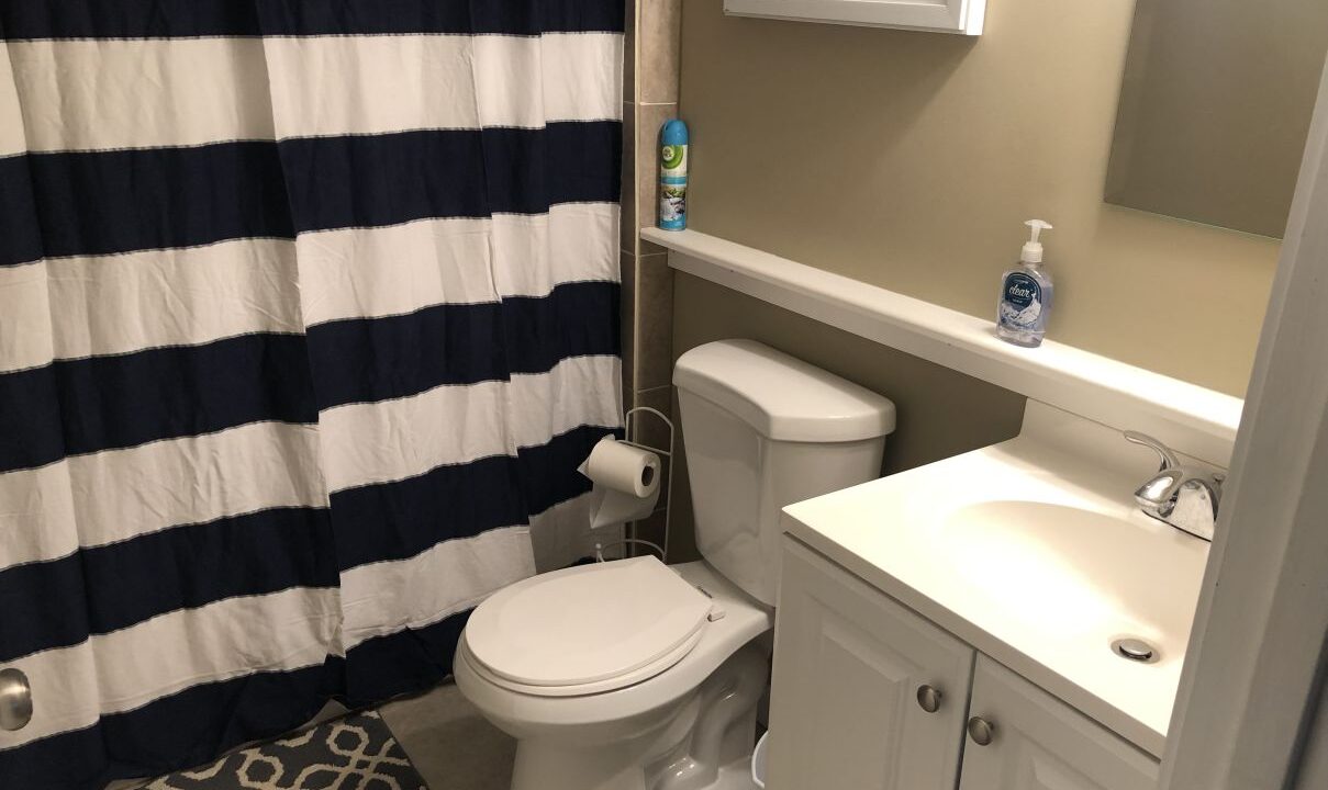 a bathroom with a blue and white shower curtain.