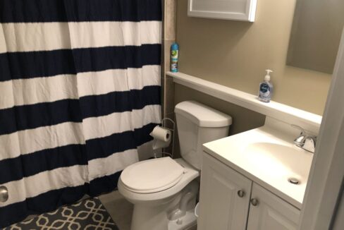 a bathroom with a blue and white shower curtain.