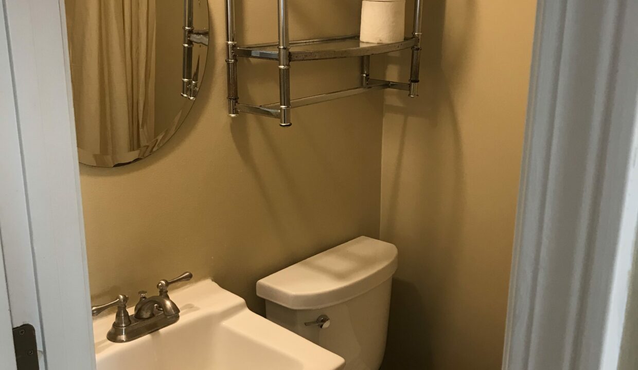 a bathroom with a toilet, sink and mirror.