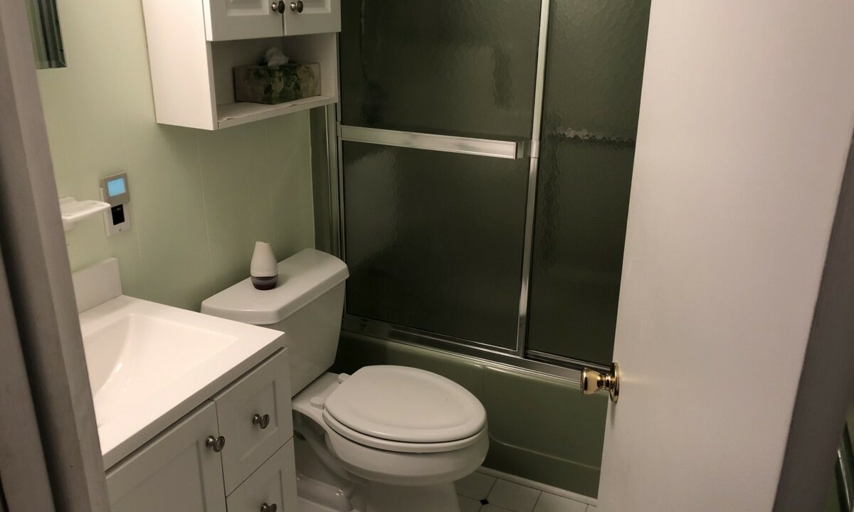 a white toilet sitting next to a walk in shower.