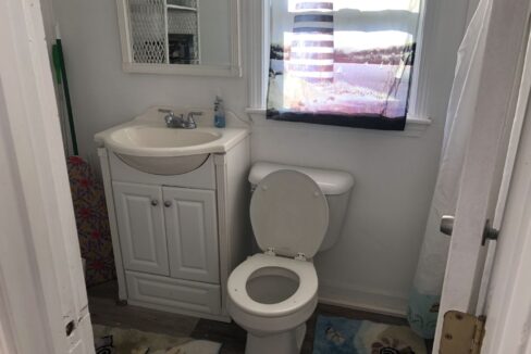 a bathroom with a toilet, sink and mirror.